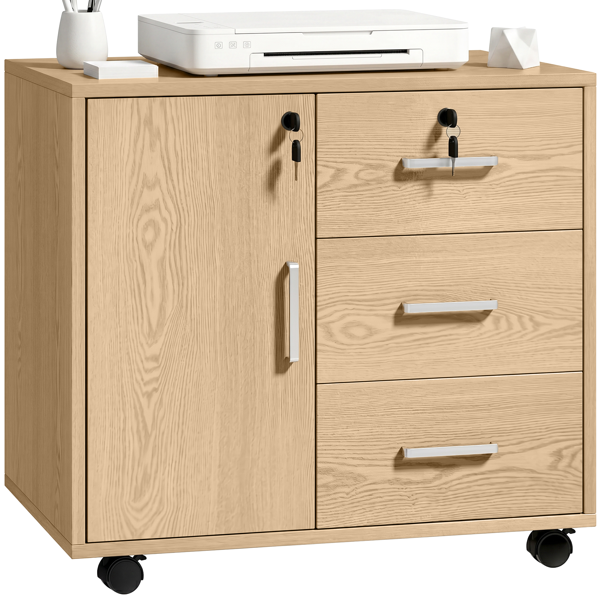 Rollcontainer Mit 3 Abschließbaren Schubladen, 60 X 40 X 56 Cm, Braun