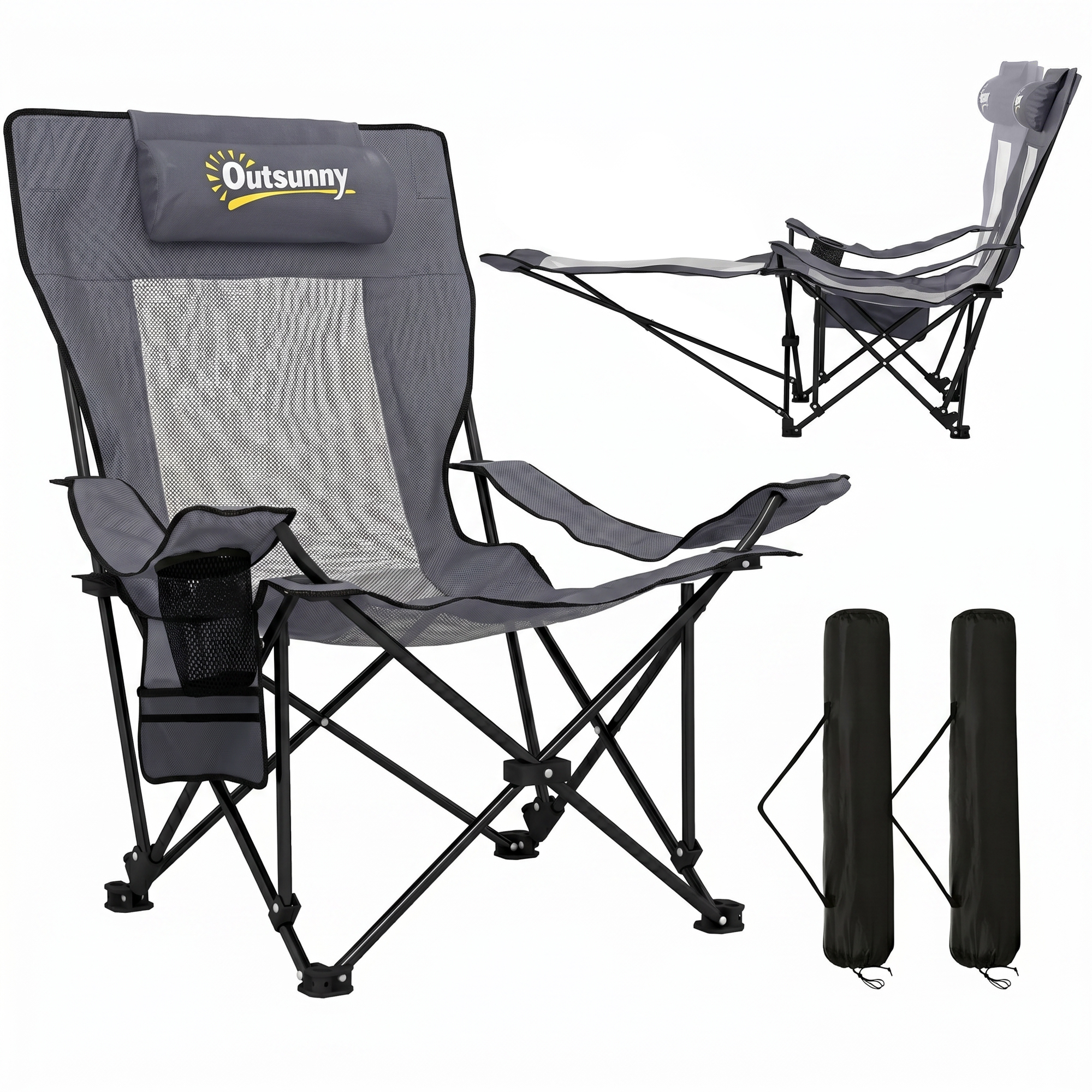 Set Aus 2 Faltbaren Campingstühlen, Mit Fußstütze, 125 X 80 X 100 Cm, Dunkelgrau