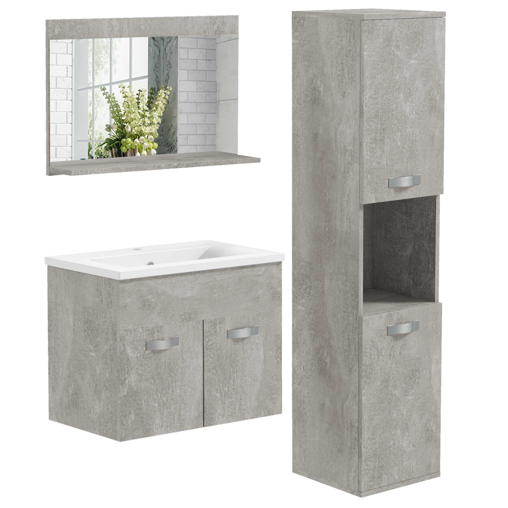 Badezimmermöbel-set, 4 Teile, Wand-, Mit Spiegel, 30 X 30 X 131,5 Cm, Grau
