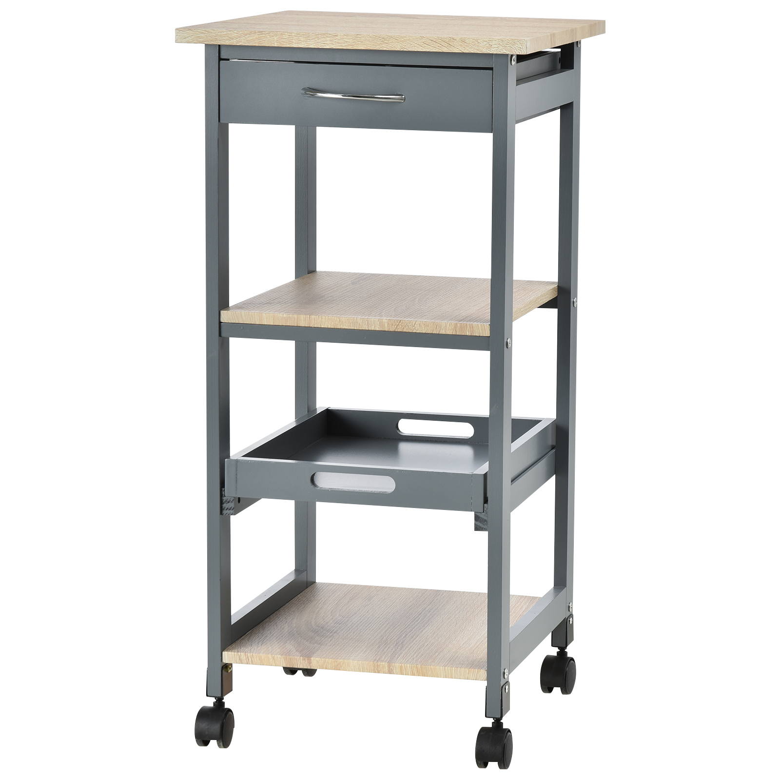 Servierwagen Mit Rollen, 2 Regale Und Schublade, 37 X 37 X 76 Cm, Grau