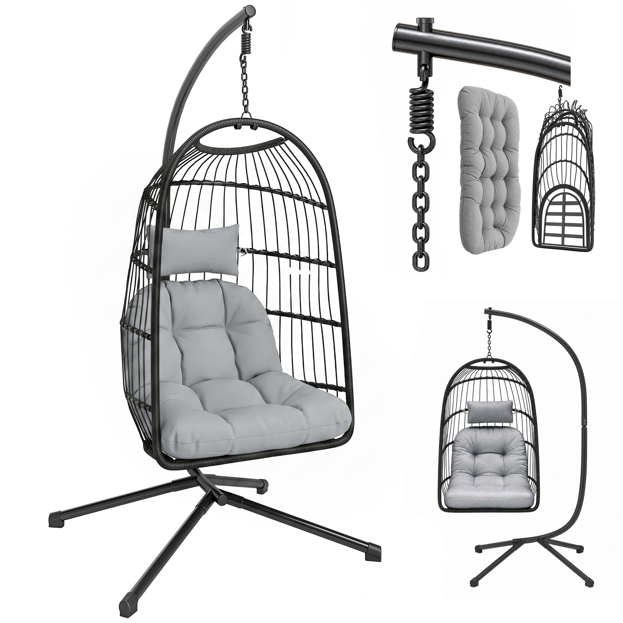 Klappbarer Hängesessel Eiform Aus Polyrattan, 105 X 101 X 196 Cm, Hellgrau
