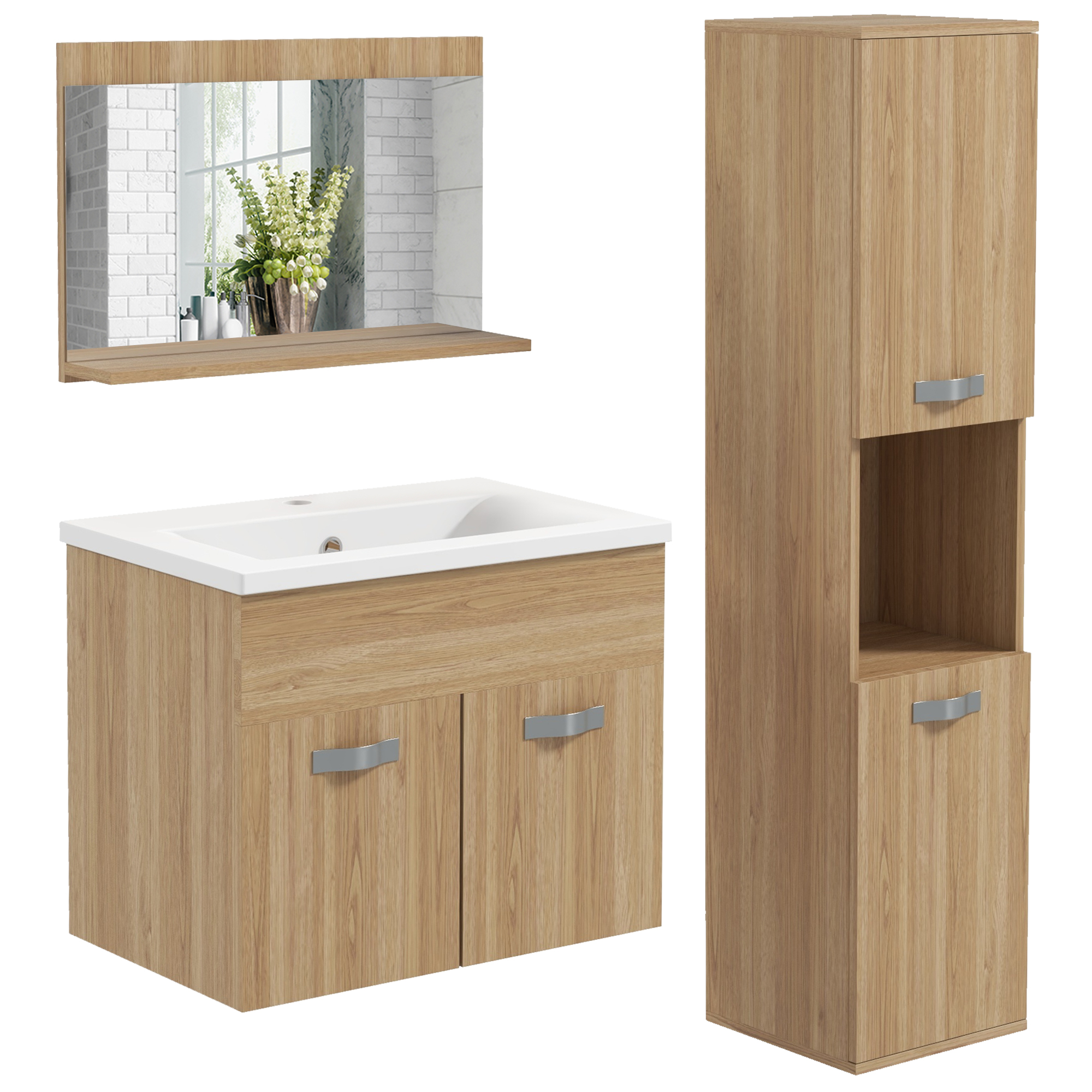 Badezimmermöbel-set, 4 Teile, Wand-, Mit, 30 X 30 X 131,5 Cm, Natur