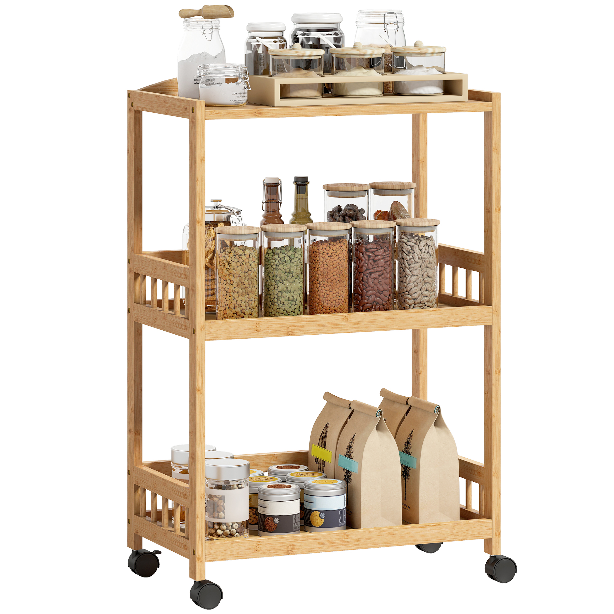 Mobiler Küchenwagen Mit Stauraum, 53 X 30,5 X 83 Cm, Natur