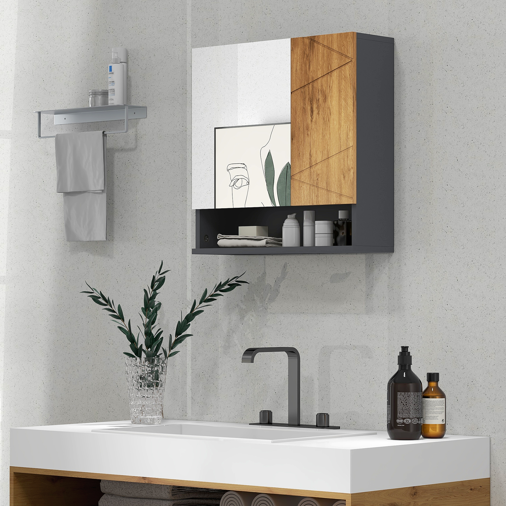 Wandschrank Mit Spiegel, 2 Türen, Mit Spiegel, 55 X 17 X 55 Cm, Natur