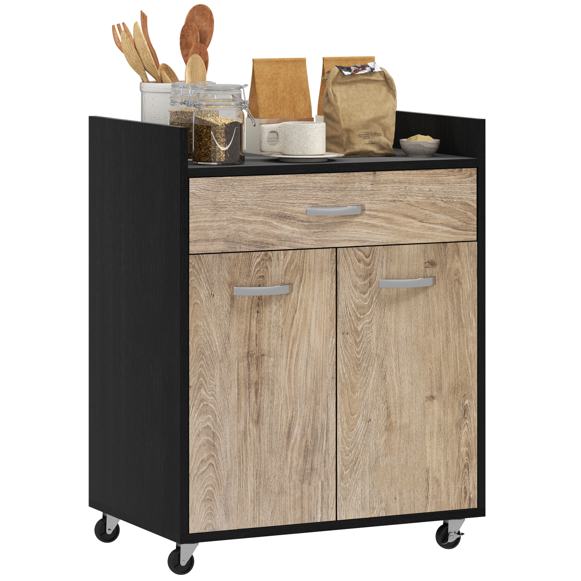 Servierwagen, Schublade Und Schrank, 60 X 40 X 77 Cm, Grau Mit Holzoptik Und Schwarz