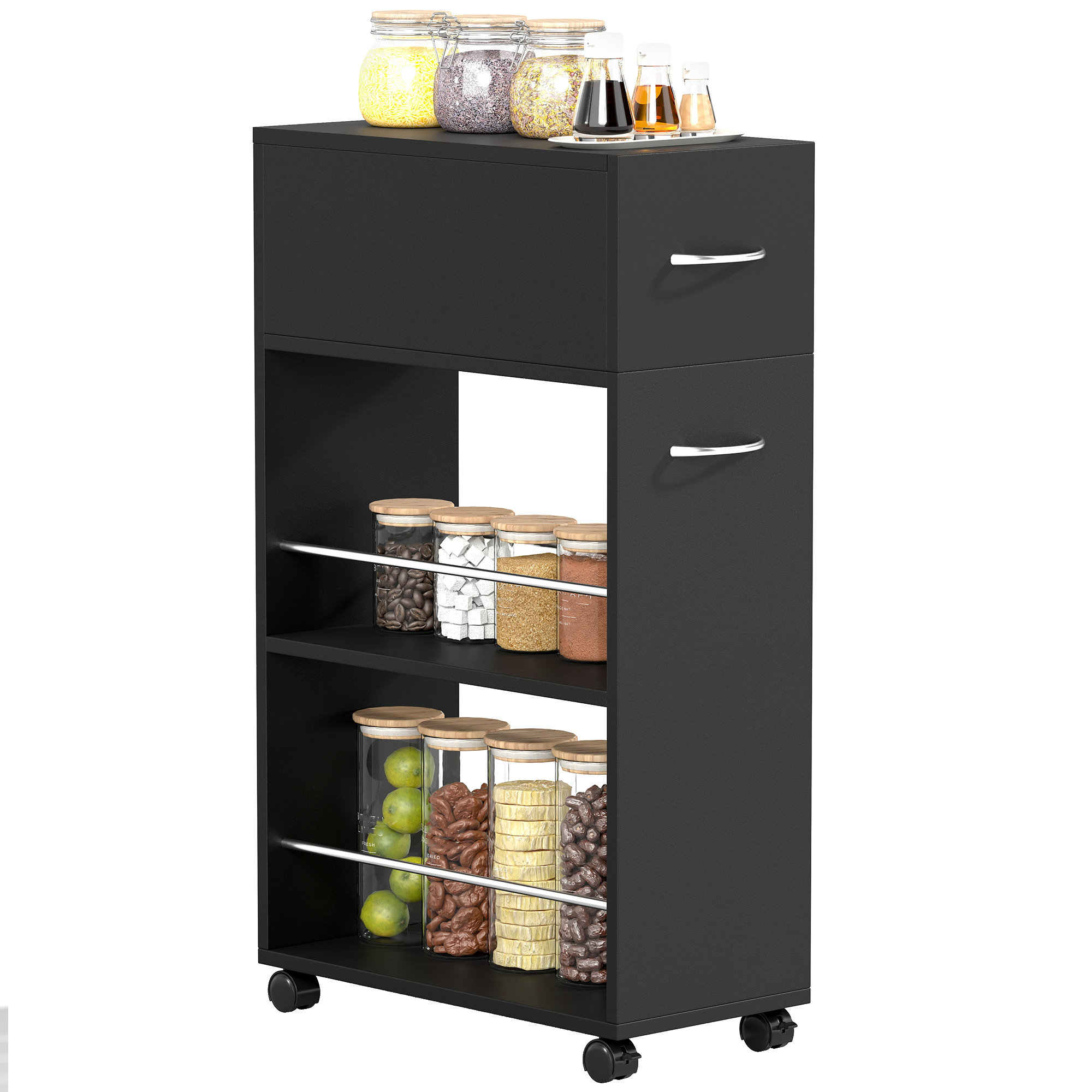 Küchenwagen Mit Rollen, 1 Schublade Und 2 Regale, 50 X 25 X 85 Cm, Schwarz