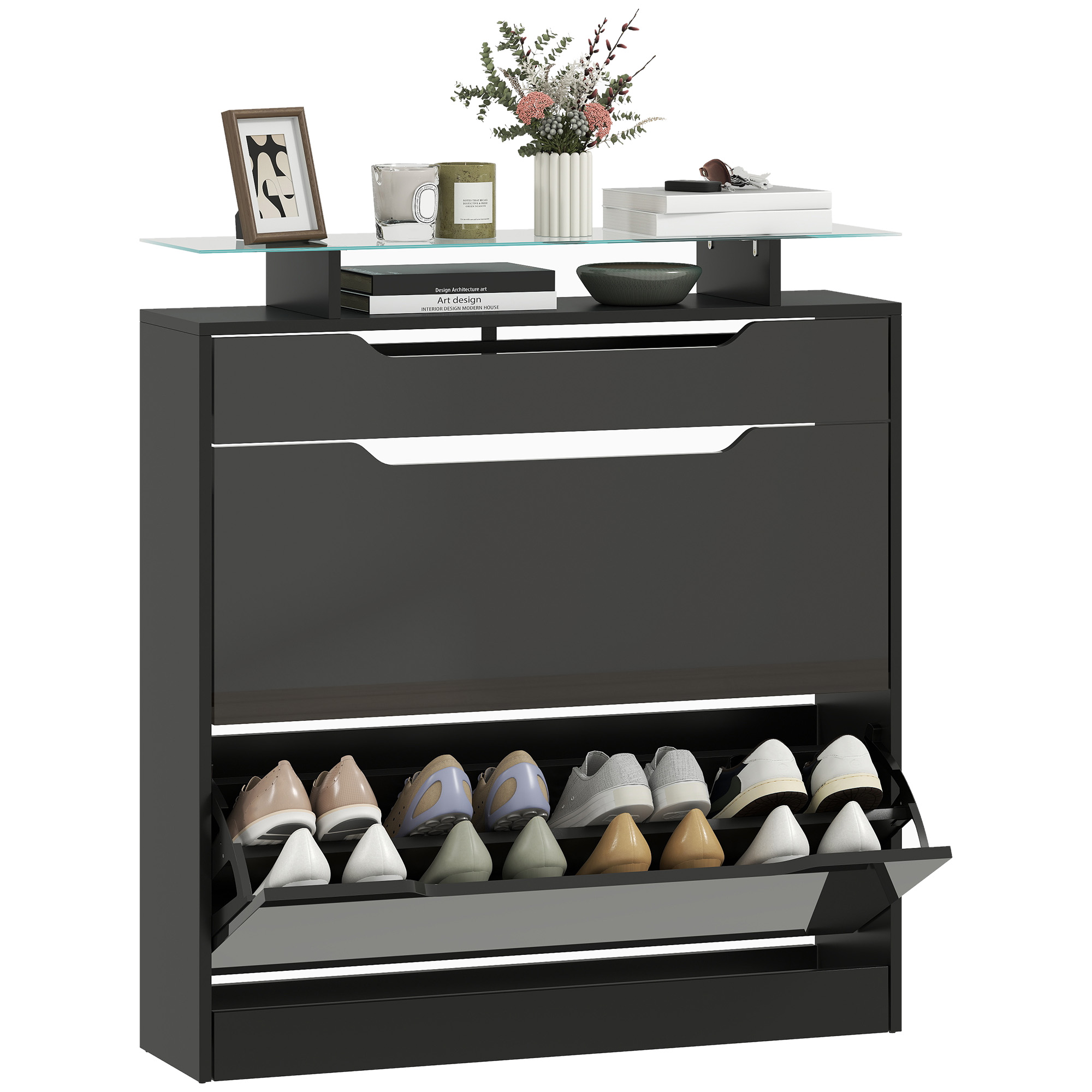 Schuhschrank, 2 Klappschubladen, 89 X 23 X 96 Cm, Schwarz