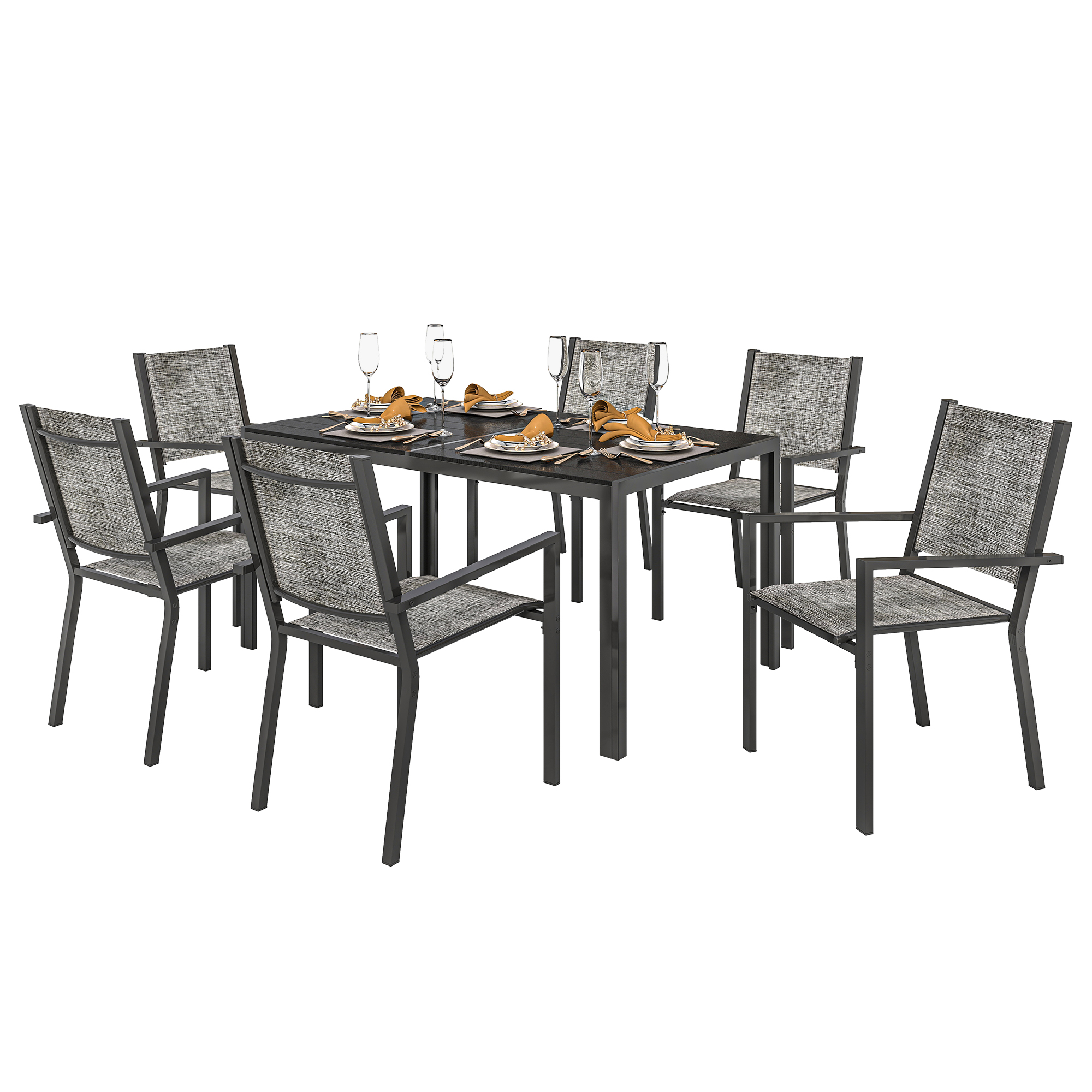 Gartenmöbelset 6 Personen, Tisch Und 6 Stühle, 150 X 90 X 71 Cm, Schwarz