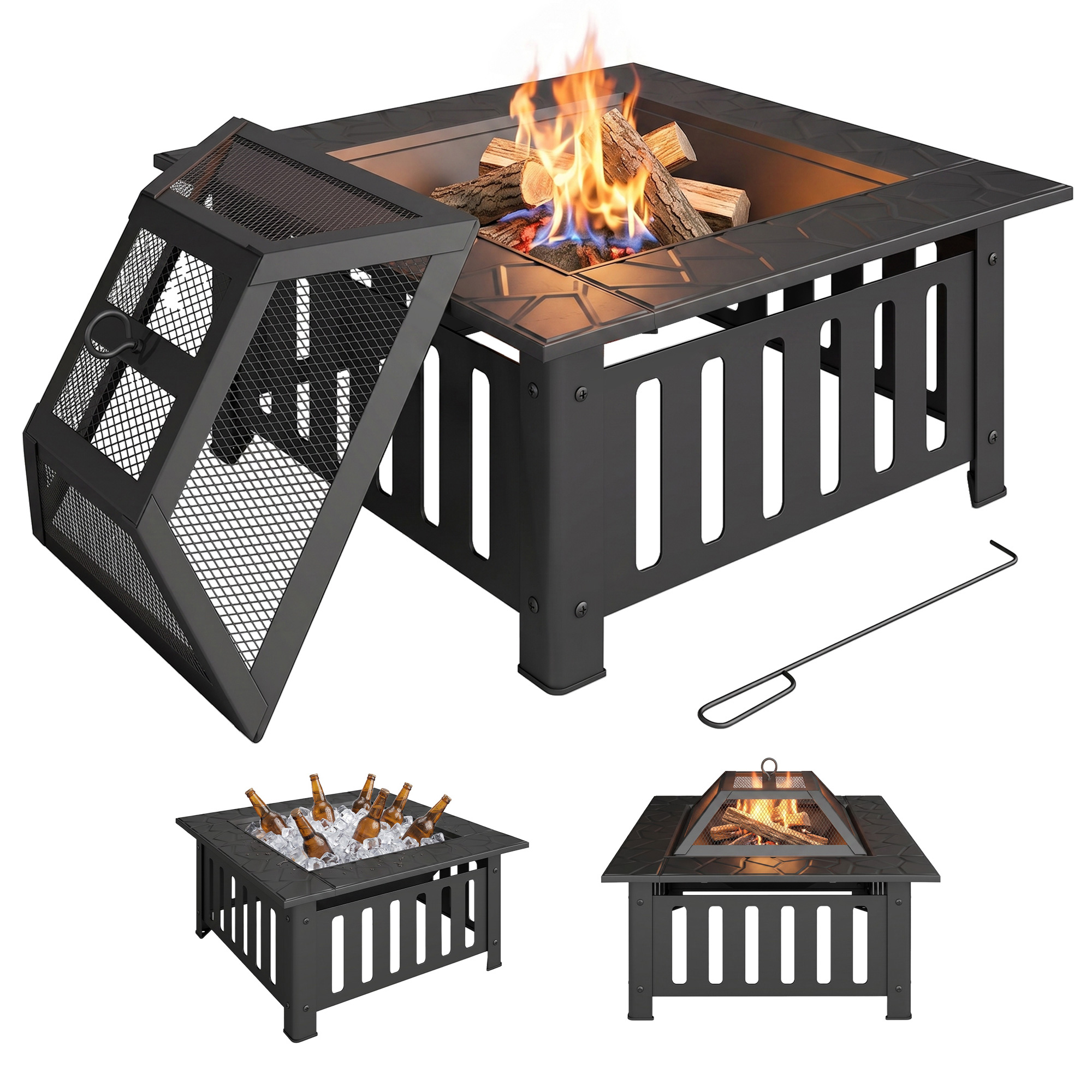 Feuerschale, Mit Funkenschutz, 67 X 67 X 47 Cm, Schwarz