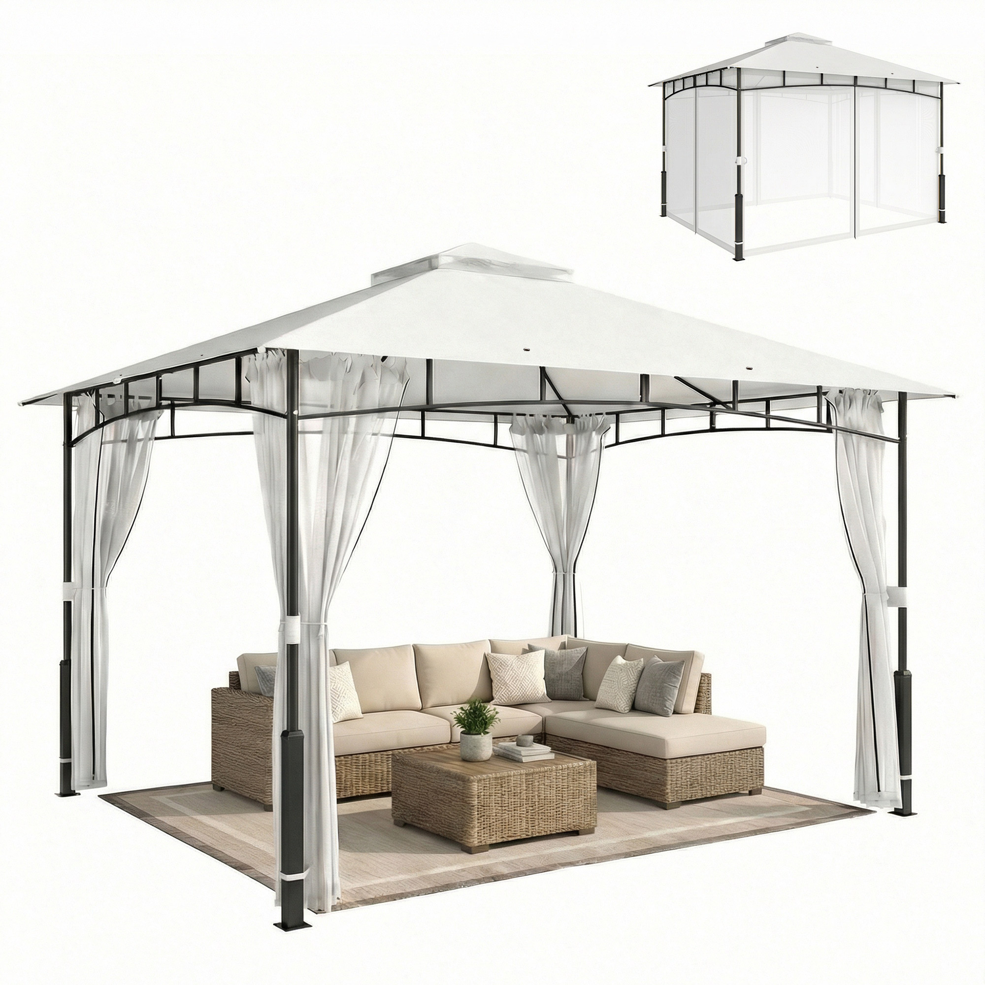 Gartenpavillon, Dach Mit Zwei Ebenen, 360 X 300 X 275 Cm, Schwarz