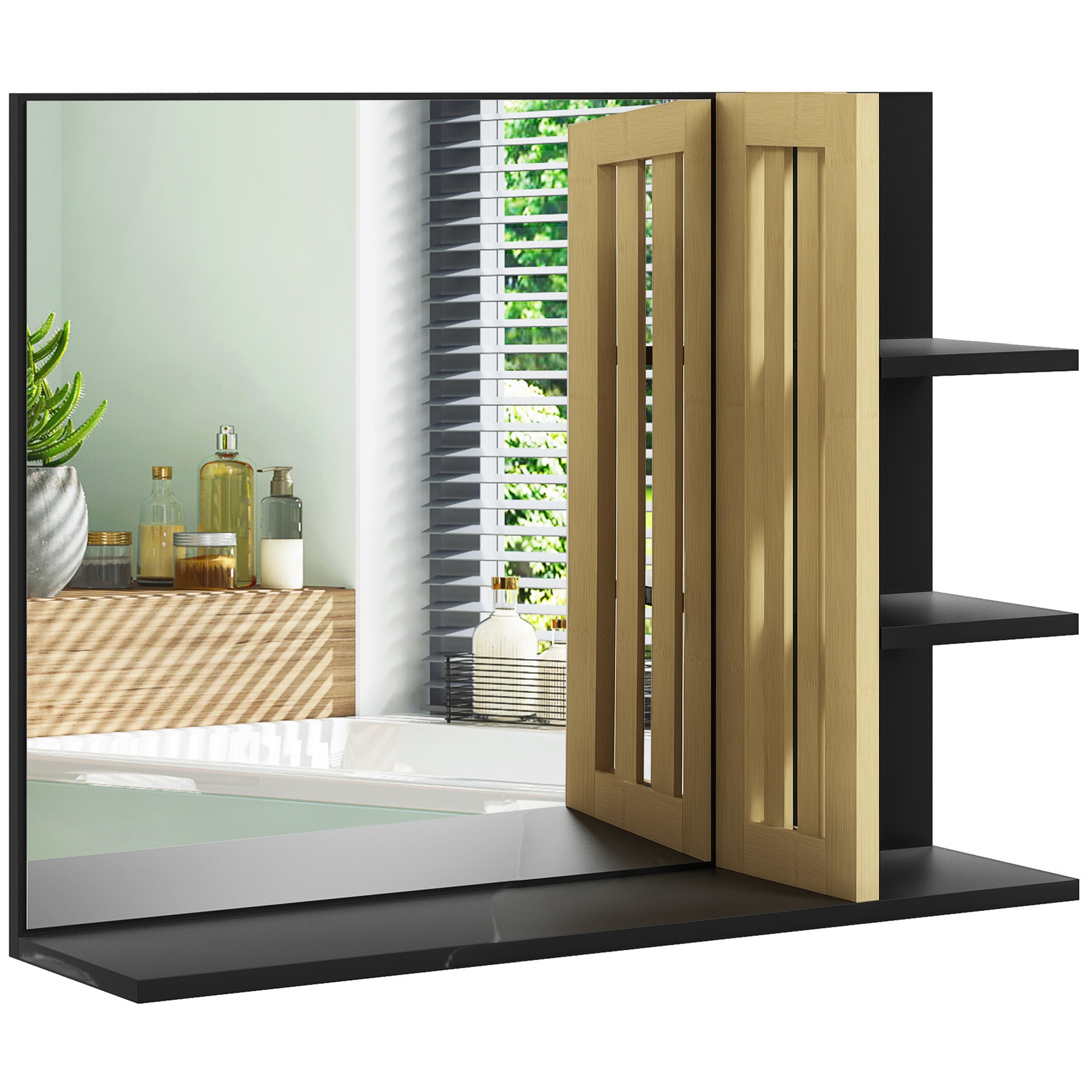 Badezimmer-wandspiegel, Mit 3 Seitlichen Regalen, 45 X 15 X 58,5 Cm, Schwarz