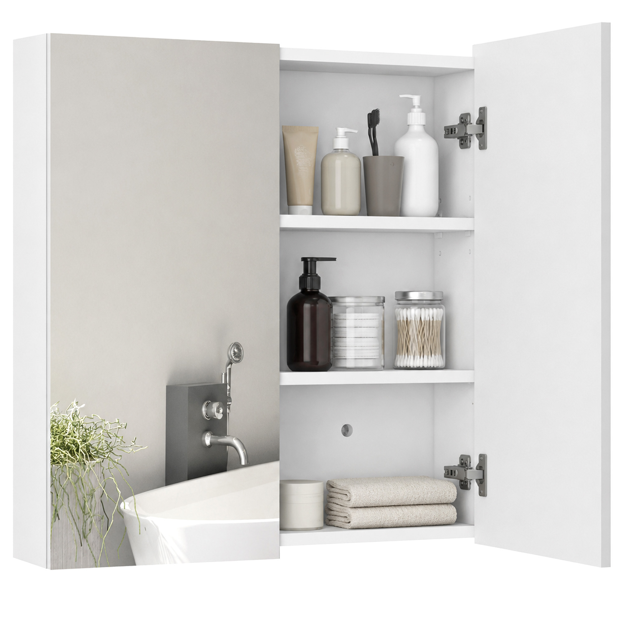 Badezimmer-wandschrank, Mit Spiegel, 2 Türen, 3 Ebenen, 60 X 15 X 60 Cm, Weiß