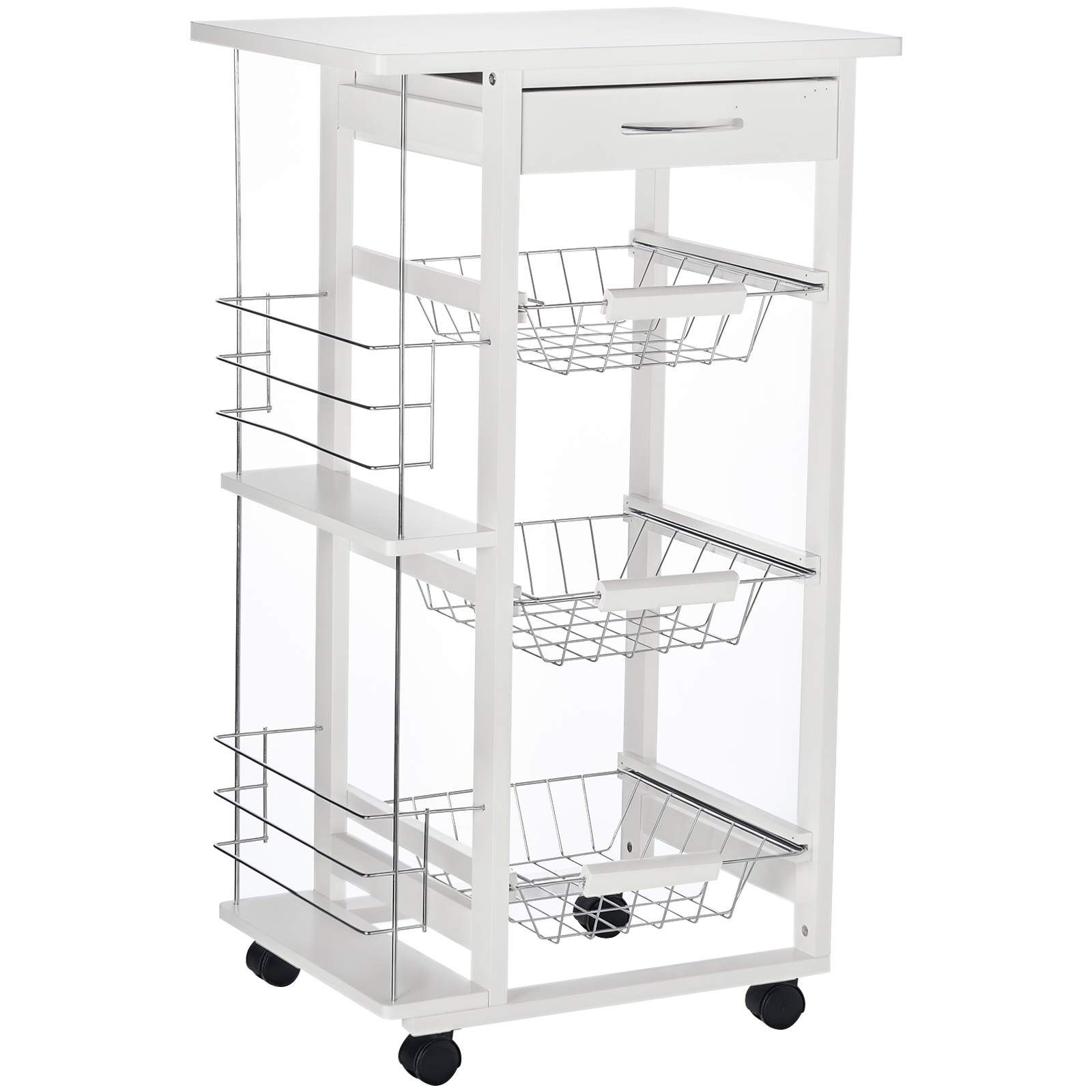 Servierwagen Mit Rollen, 3 Körbe Und Schublade, 47 X 37 X 83 Cm, Weiß