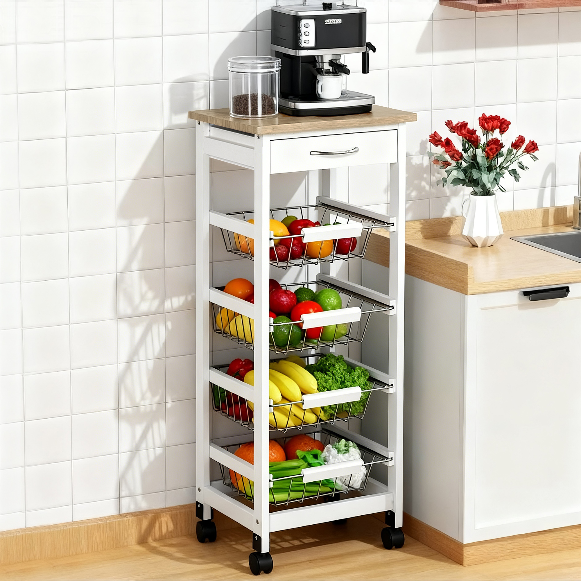 Servierwagen Mit Mehreren Fächern, 4 Körbe Und Schublade, 37 X 37 X 82 Cm, Weiß