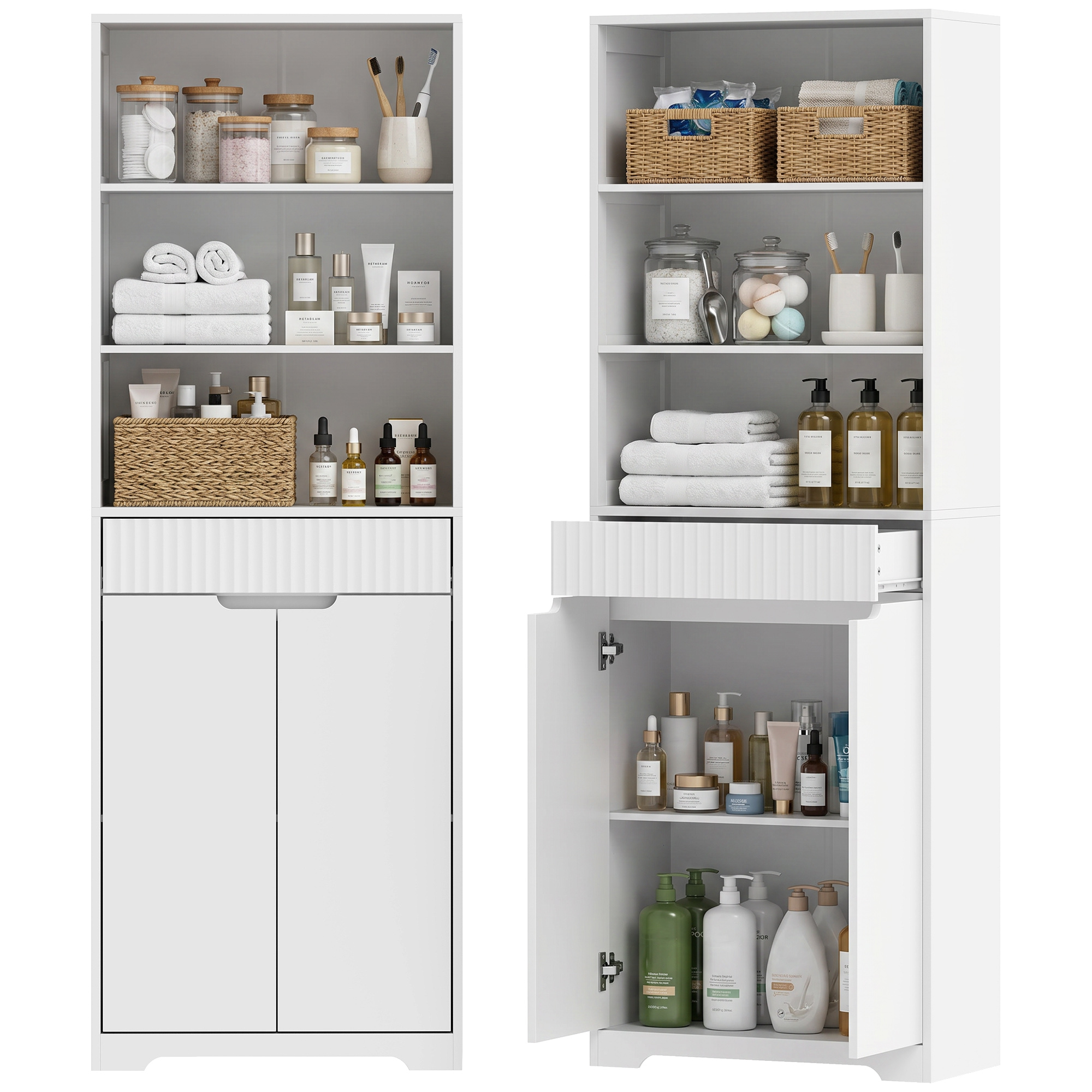 Hoher Badezimmerschrank, 2 Türen Und Schublade, 60 X 30 X 171 Cm, Weiß