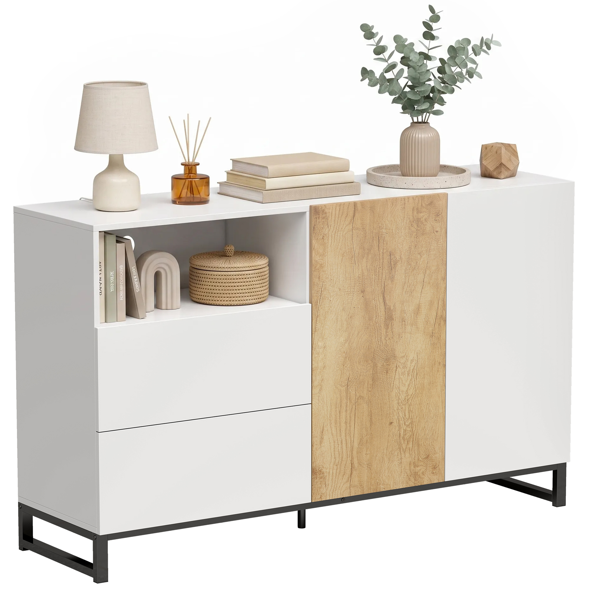 Sideboard, Türen Und Arbeitsplatte, 140 X 40 X 85 Cm, Weiß Und Eiche