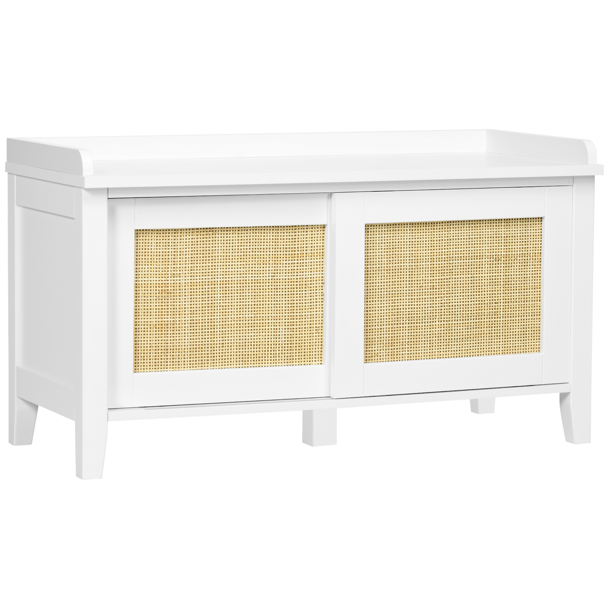 Schuhbank, Schiebetür, Fronten Aus Gewebtem Rattan, 80 X 35 X 45 Cm, Weiß