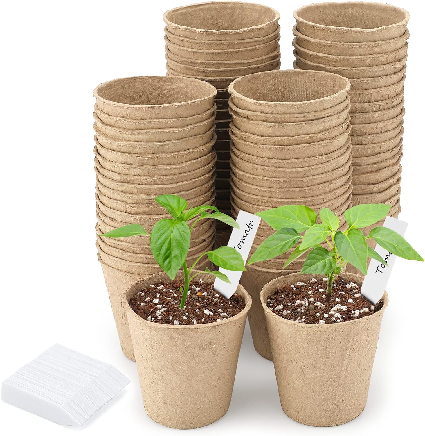 100 Kleine, 8 Cm Große, Biologisch Abbaubare Anzuchttöpfe Aus Fasern, Mit 100 Weißen, 1 X 5 Cm Großen Kunststoffetiketten