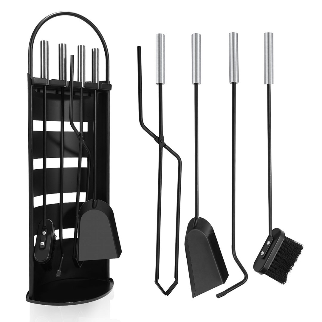 Tolletour Kaminbesteck 5-teilig Extra Lang Mit Schutzblende, Kaminwerkzeug Set Schwarz Silber, Besen Schaufel Schürhaken Und Kaminzange