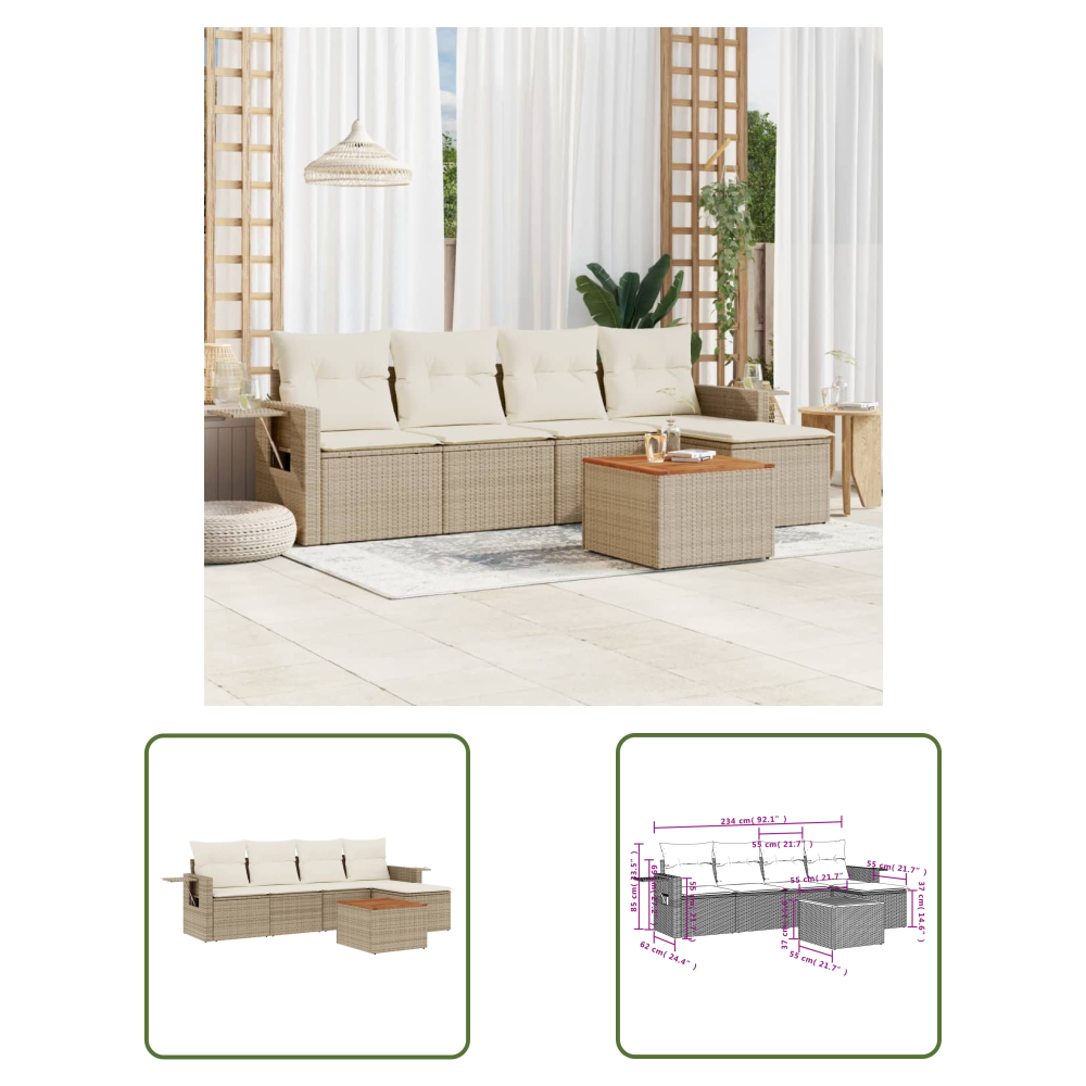 The Living Store 6-tlg. Garten-sofagarnitur Mit Kissen Beige Poly Rattan - Gartenmöbel Set - Outdoor Möbel - Rattan Gartenset - Lounge Garnitur - Esszimmergarnitur