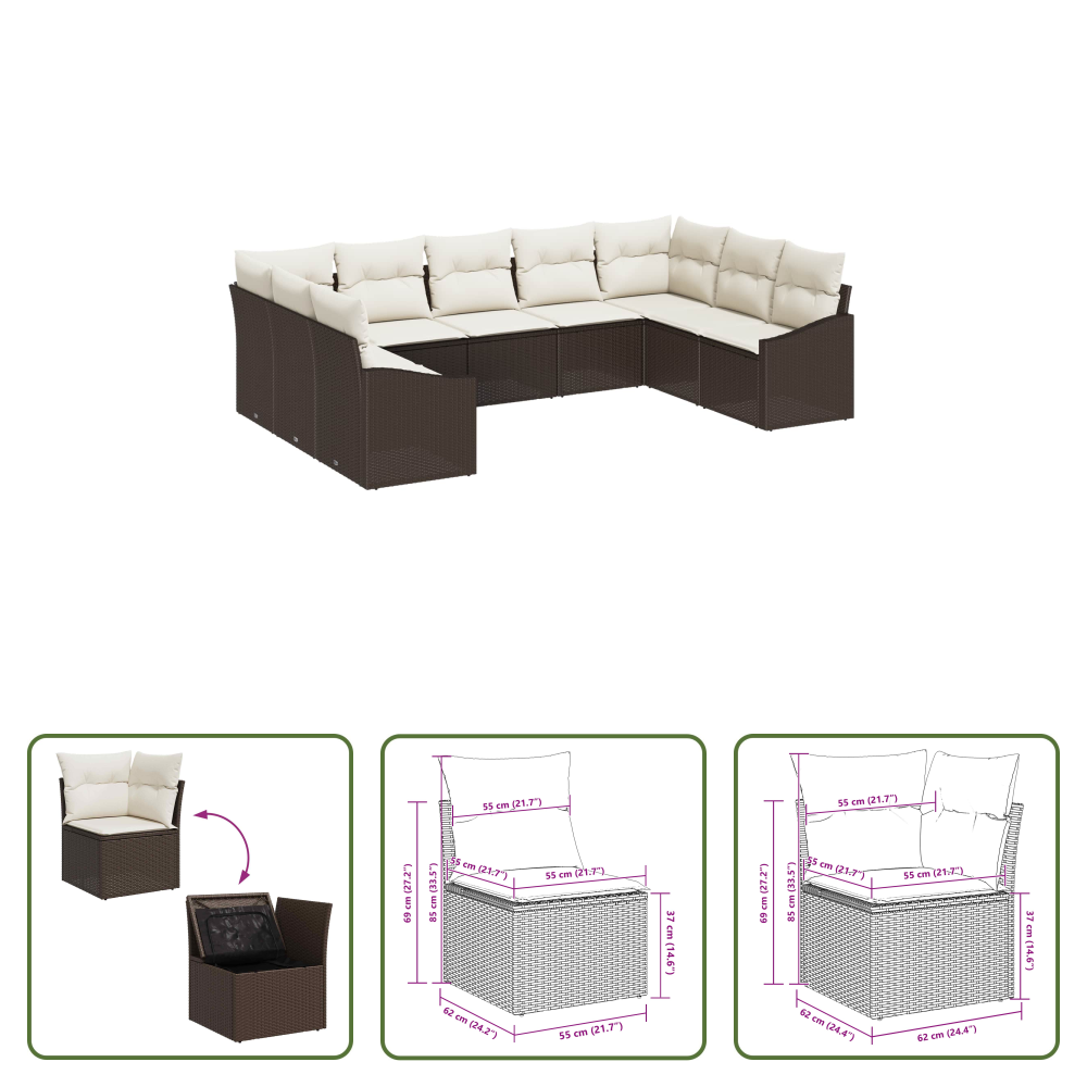 Vidaxl Modulares Sofa - Gartensofa-set Mit Speicher 9 Pcs Braun Und Creme Poly-rattan
