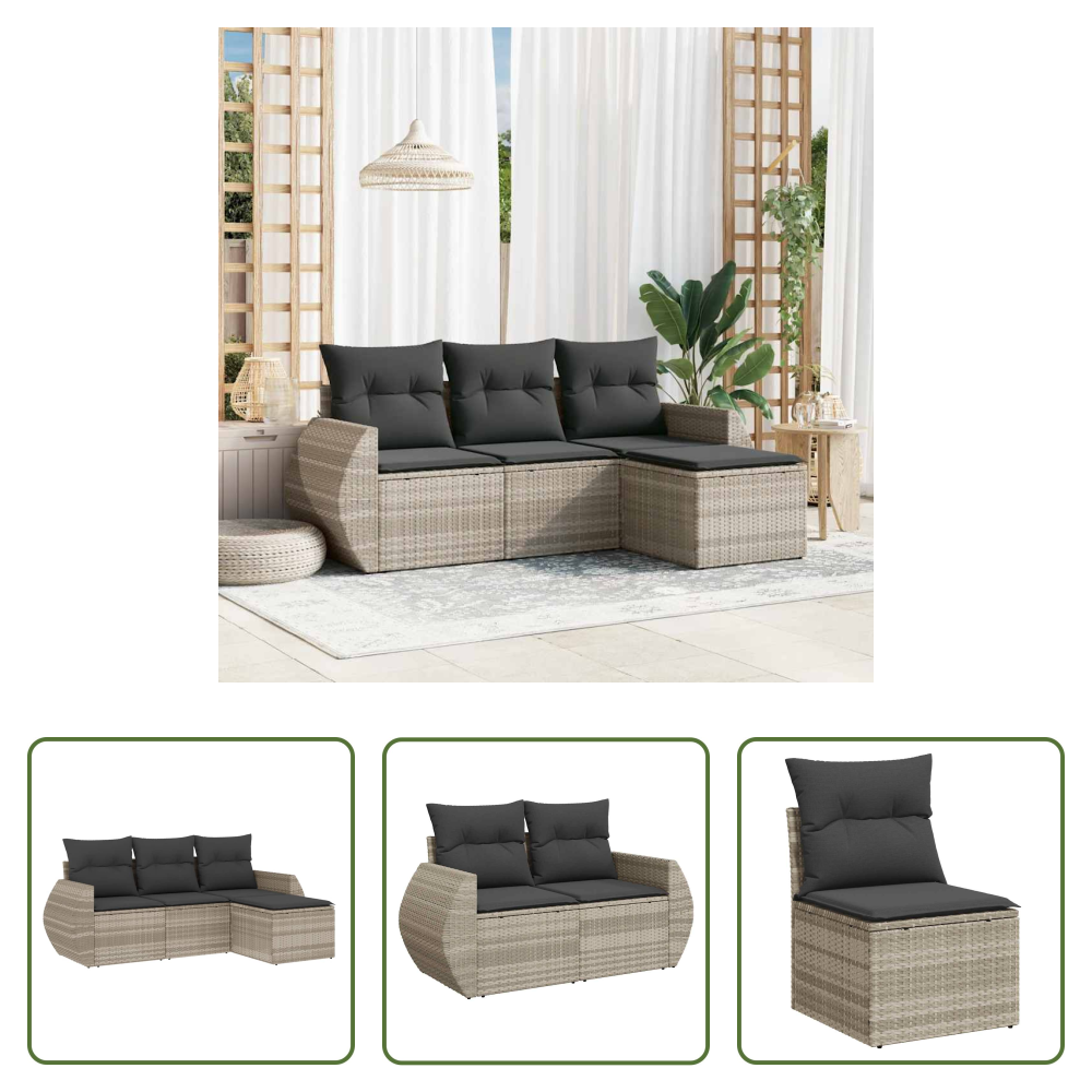 Vidaxl Rattan - 4-tlg. Garten-sofagarnitur Mit Kissen Hellgrau Poly Rattan
