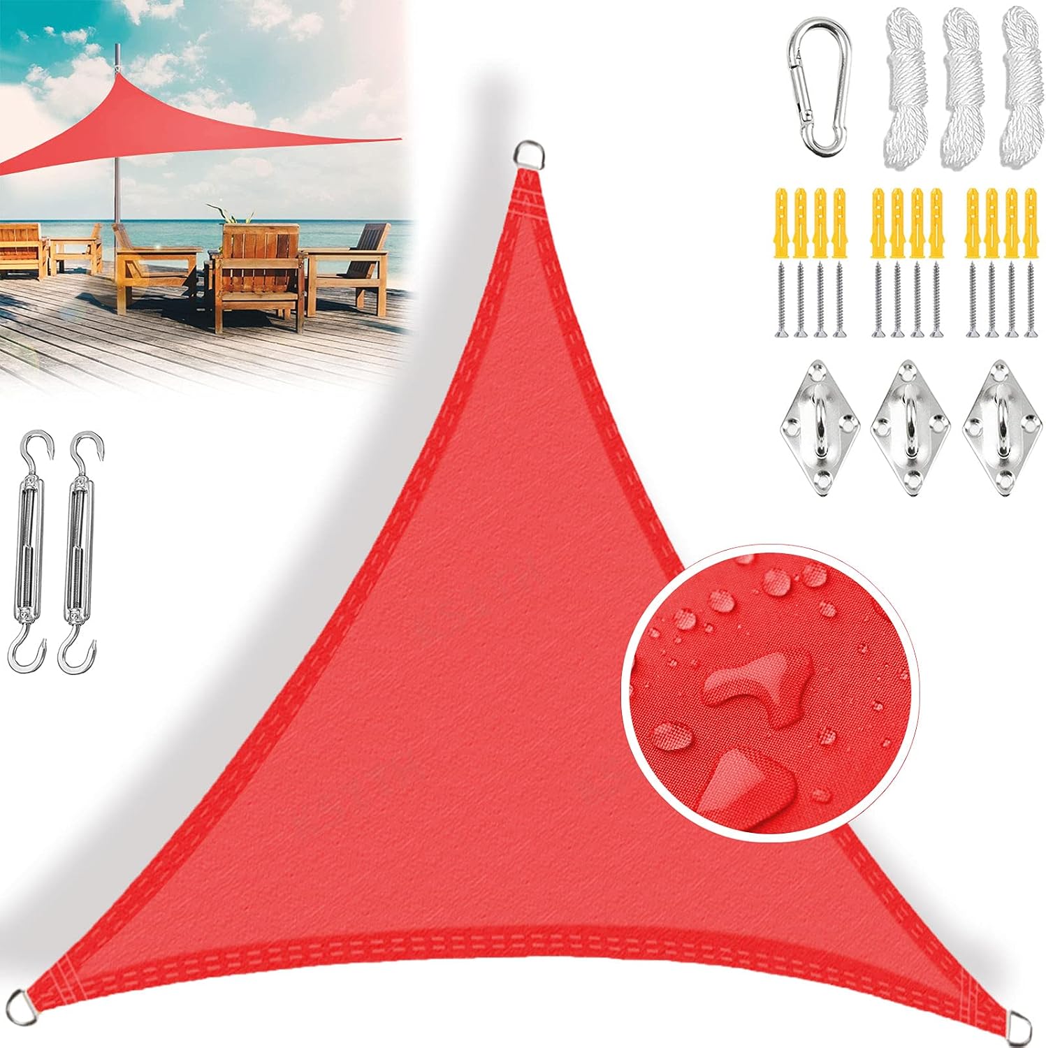Dreieckiges Sonnensegel, Uv-schutz, Wasserdicht, Strapazierfähig, Atmungsaktives Material, Inklusive Montageset, Für Terrasse, Garten, Camping - Rot 4,5 X 4,5 X 4,5 M (15 X 15 X 15 Fuß)