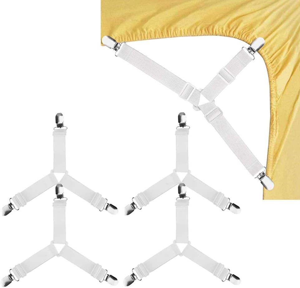 Bettlakenbefestigungen, 4 Stück Dreieckige Elastische Hosenträger, Halteclips, Verstellbare Elastische Dreiecksbänder Für Spannbettlaken, Sofakissen, Tischdecken, Bügelbretter, Weiß.