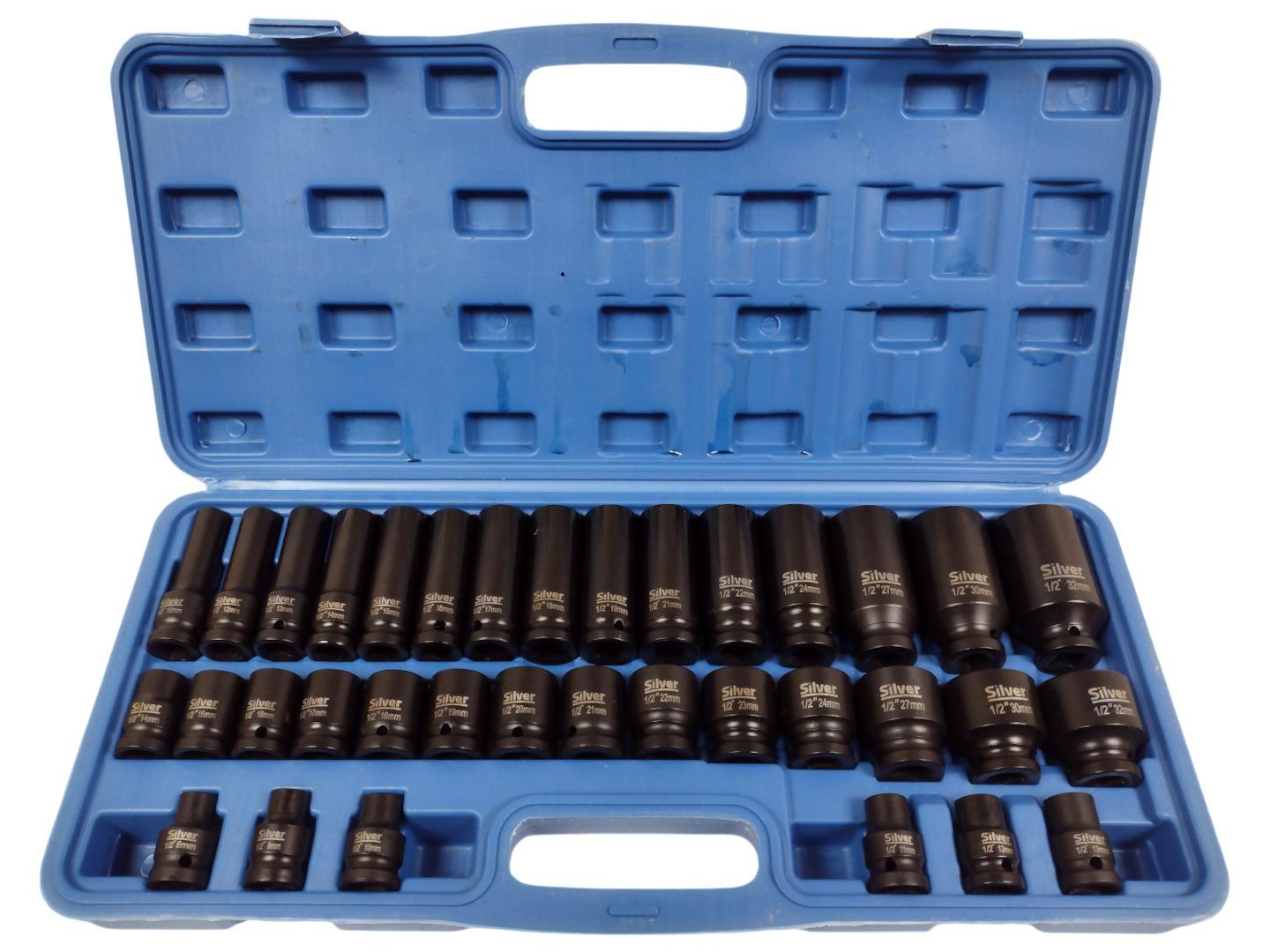Silberner 1/2"-schlagschrauber-steckschlüsselsatz 8-32 Mm Cr-mo-koffer 35-teilig