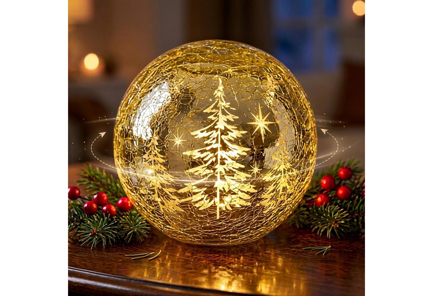 Led Crackle-glas Weihnachtskugel Gold Drehend Mit Timer - 15 Cm - Bruchglas Kugel Warm Weiß Beleuchtet Batteriebetrieben