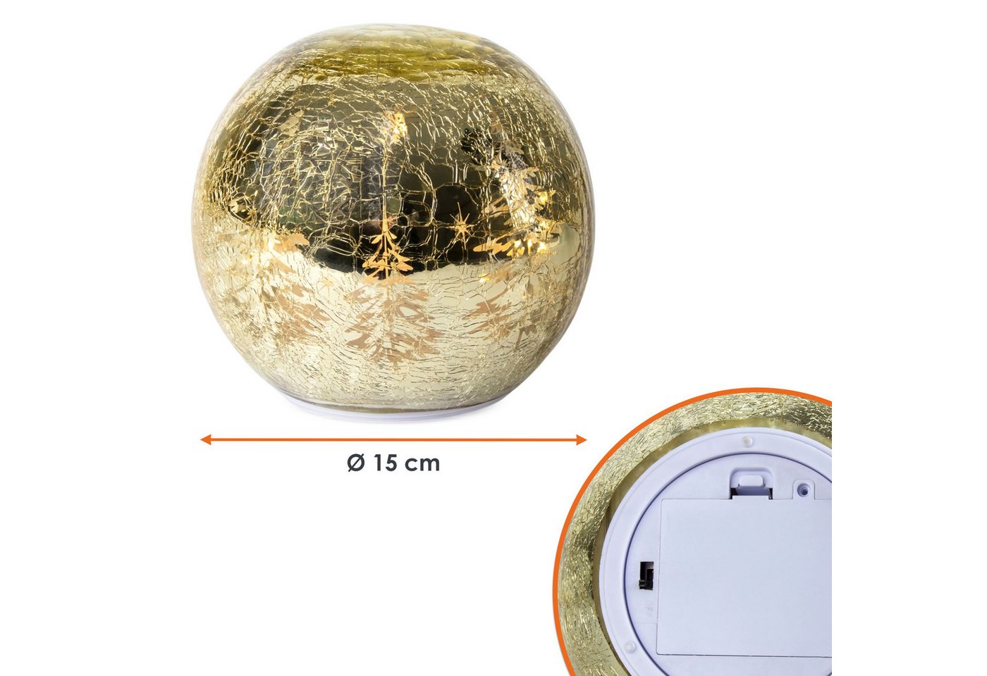 Led Crackle-glas Weihnachtskugel Gold Drehend Mit Timer - 15 Cm - Bruchglas Kugel Warm Weiß Beleuchtet Batteriebetrieben Bild 2