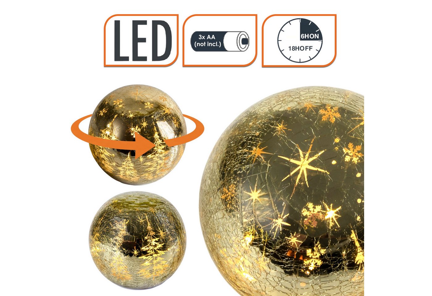 Led Crackle-glas Weihnachtskugel Gold Drehend Mit Timer - 15 Cm - Bruchglas Kugel Warm Weiß Beleuchtet Batteriebetrieben Bild 4