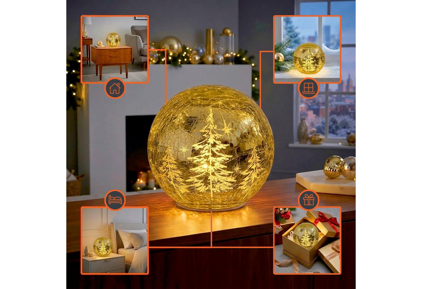 Led Crackle-glas Weihnachtskugel Gold Drehend Mit Timer - 15 Cm - Bruchglas Kugel Warm Weiß Beleuchtet Batteriebetrieben Bild 5