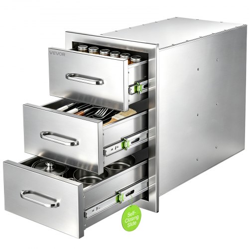 VEVOR Outdoor Küchenschubladen 352 x 570 x 505 mm 3 Schubladen Edelstahl Ideal für Grillinseln, Terrassenbars und Grillstationen, mit Griff, Integrierte Schubladen zur Organisation von Kochgeschirr