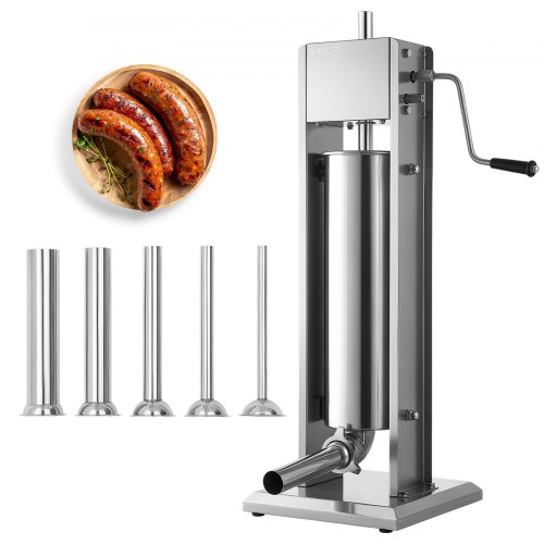 VEVOR Wurstfüller Manuell 7 L Edelstahl 304 Wurstfüllmaschine Vertikal für Würstchen, Hotdogs und Churros, mit Luftablassventil und 5 Wurstfüllrohren, 2 Geschwindigkeiten, für Küche, Restaurant