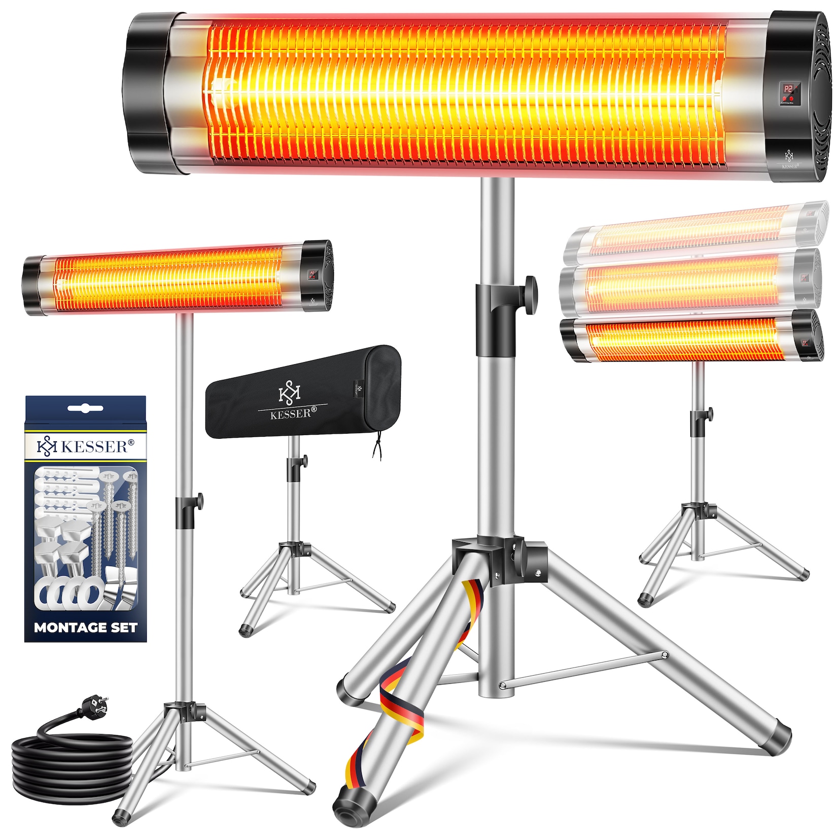 KESSER® Infrarotstrahler Heizstrahler Terrassenstrahler 2500W mit Fernbedienung inkl. Schutzhülle höhenverstellbarem Teleskopstativ Wickeltischstrahler Terrassenheizer Quarzstrahler Infrarot