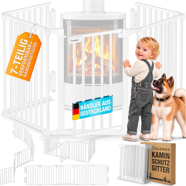 ELONEO Kaminschutzgitter 373 cm mit Tür, 7-teilig, 75 cm hoch – Ofenschutzgitter aus Metall mit Sicherheitsverschluss, Universal Kinderschutz nutzbar als Treppengitter, Türgitter, Hundegitter, Weiß