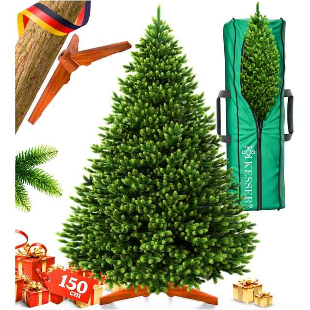 KESSER® Weihnachtsbaum künstlich, unglaublich Realistisch, naturgetreuer Tannenbaum, dichte Zweige, kein Nadeln, realistischer Pine Tree, Christbaum, inkl. Holzständer + Tasche Dunkelgrün