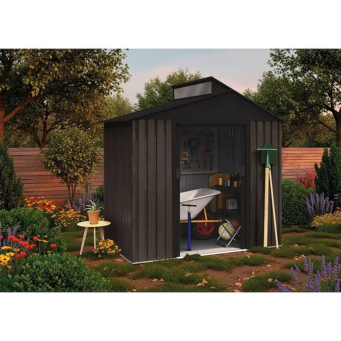 Hoggar Gerätehaus Aran (Außenmaß inkl. Dachüberstand (B x T): 240 x 149 cm, Stahl, Anthrazit)