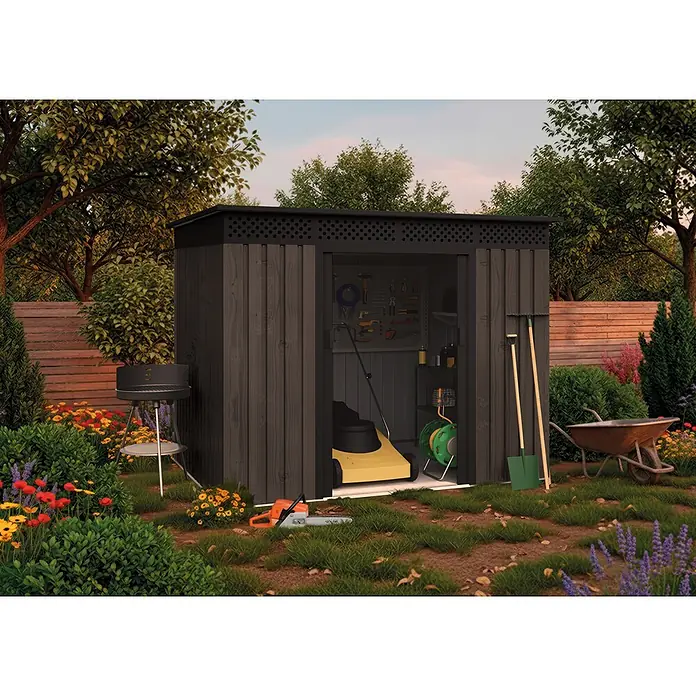 Hoggar Gerätehaus Aspen (Außenmaß inkl. Dachüberstand (B x T): 235 x 162 cm, Stahl, Anthrazit)