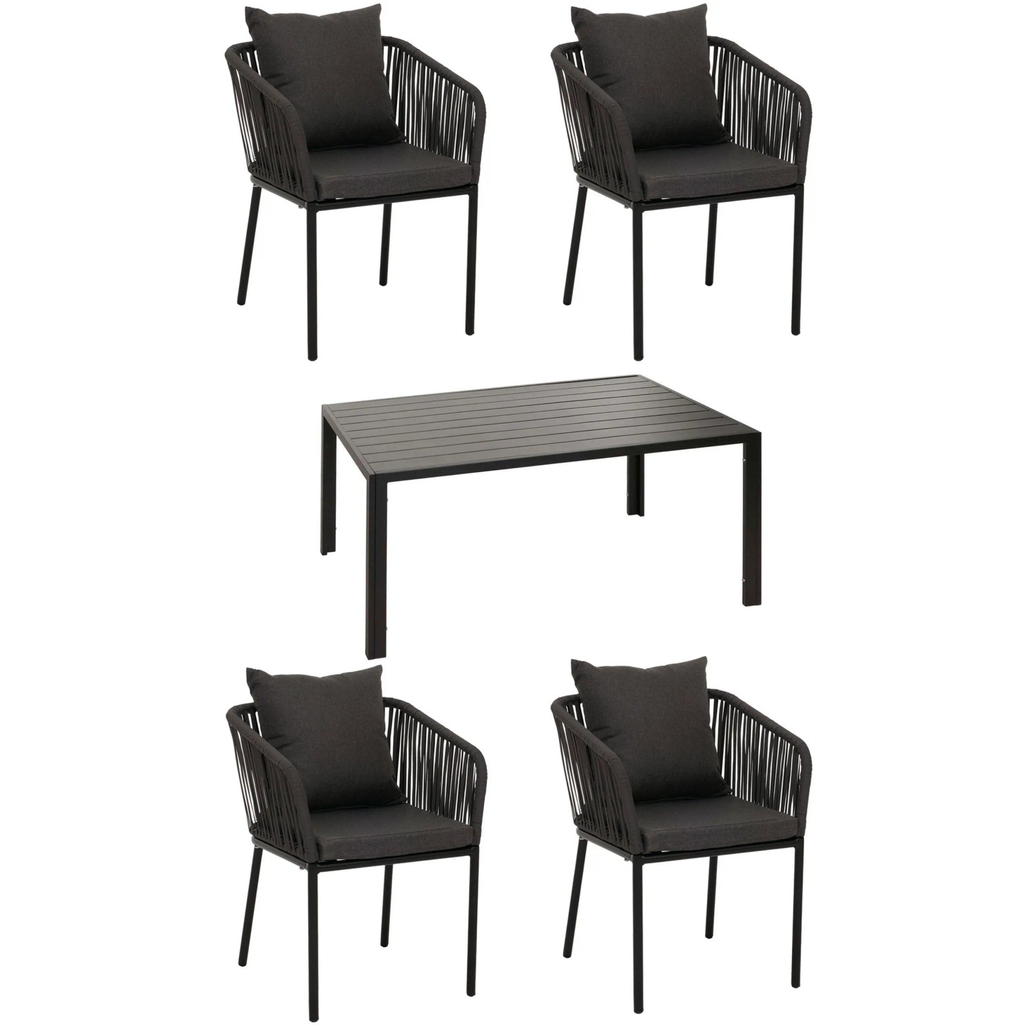 PROREGAL Gartengarnitur Tisch+4xStuhl Wetterfest Alu 140x80cm Seilgeflecht Rope Anthrazit Kissen Dunkelgrau