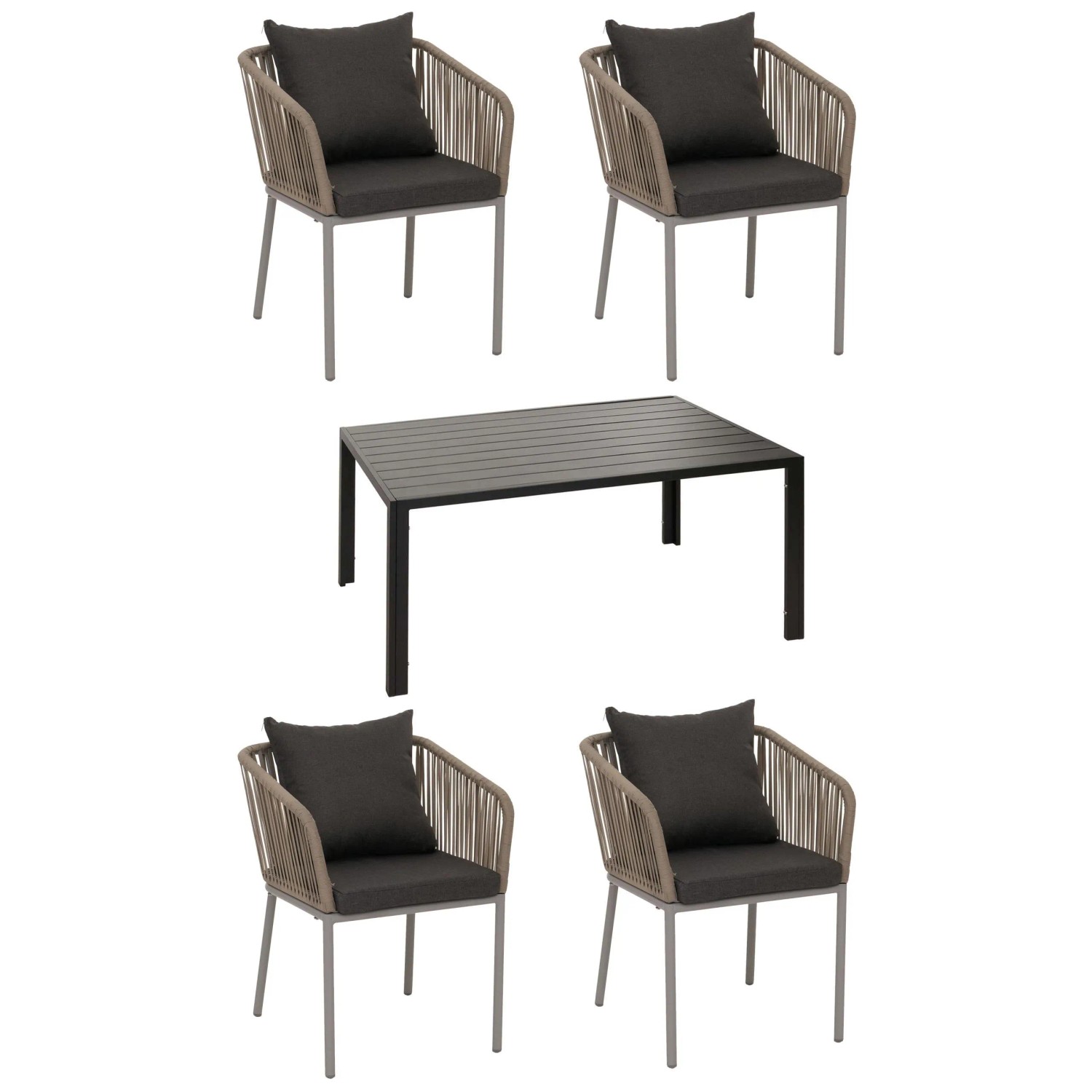 PROREGAL Gartengarnitur Tisch+4xStuhl Wetterfest Alu 140x80cm Seilgeflecht Rope Grau Kissen Dunkelgrau