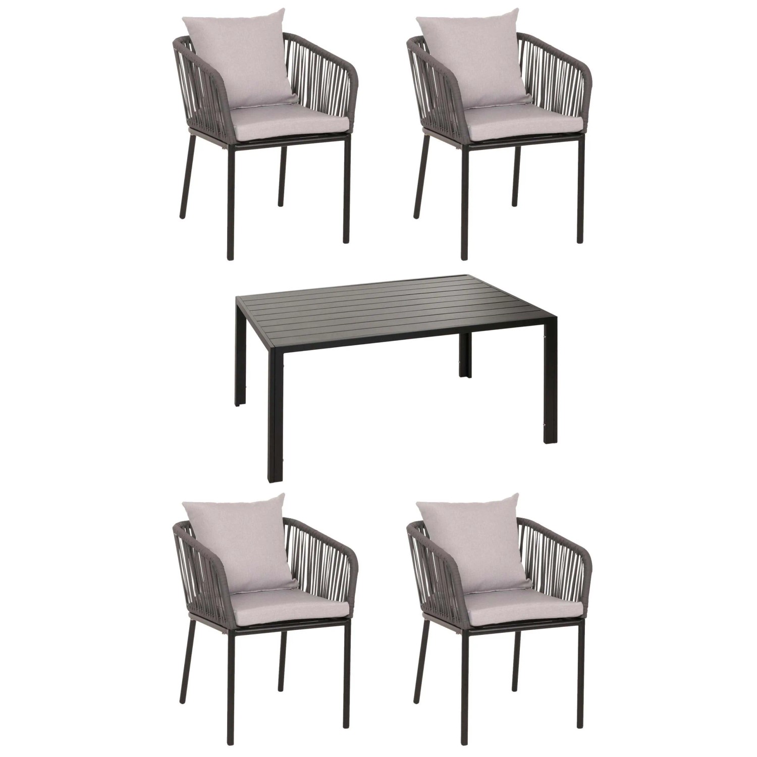 PROREGAL Gartengarnitur Tisch+4xStuhl Wetterfest Alu 140x80cm Seilgeflecht Rope Anthrazit Kissen Grau