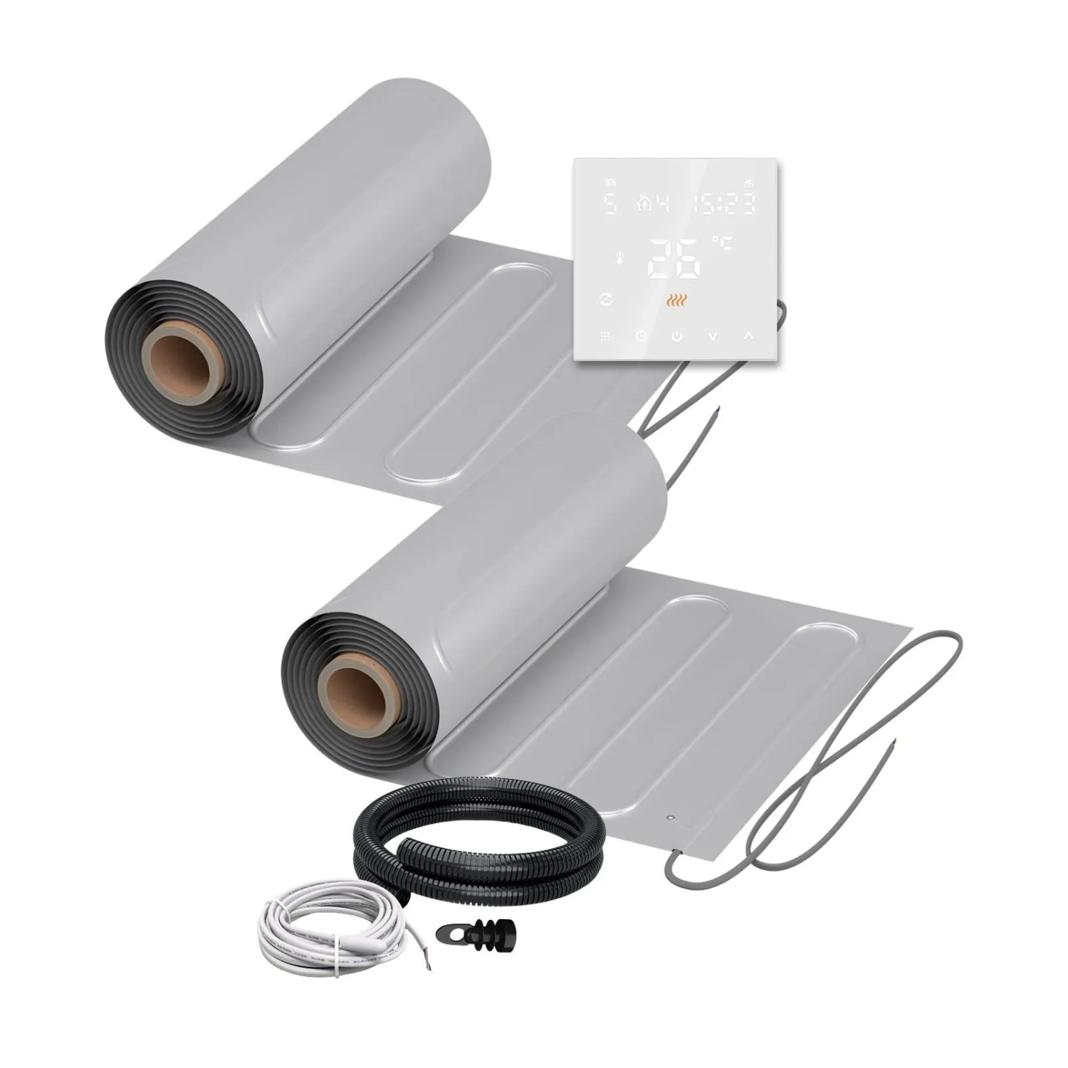 WARMON Fußbodenheizung Elektrisch 2x ALU Matten 150 W/m² 10+8 m² inkl. TS 300 Thermostat Weiß