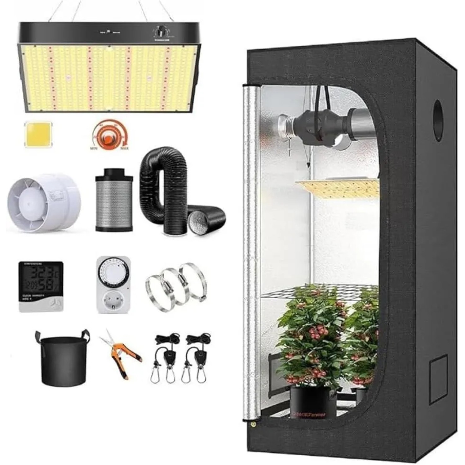JUNG Growbox Komplettset LED Lampe Anbau Pflanzen 100x100x200cm Gewächshaus Grow Set Indoor Pflanzenzucht Hydroponik Zimmerpflanzen Zelt Tent Wachstum