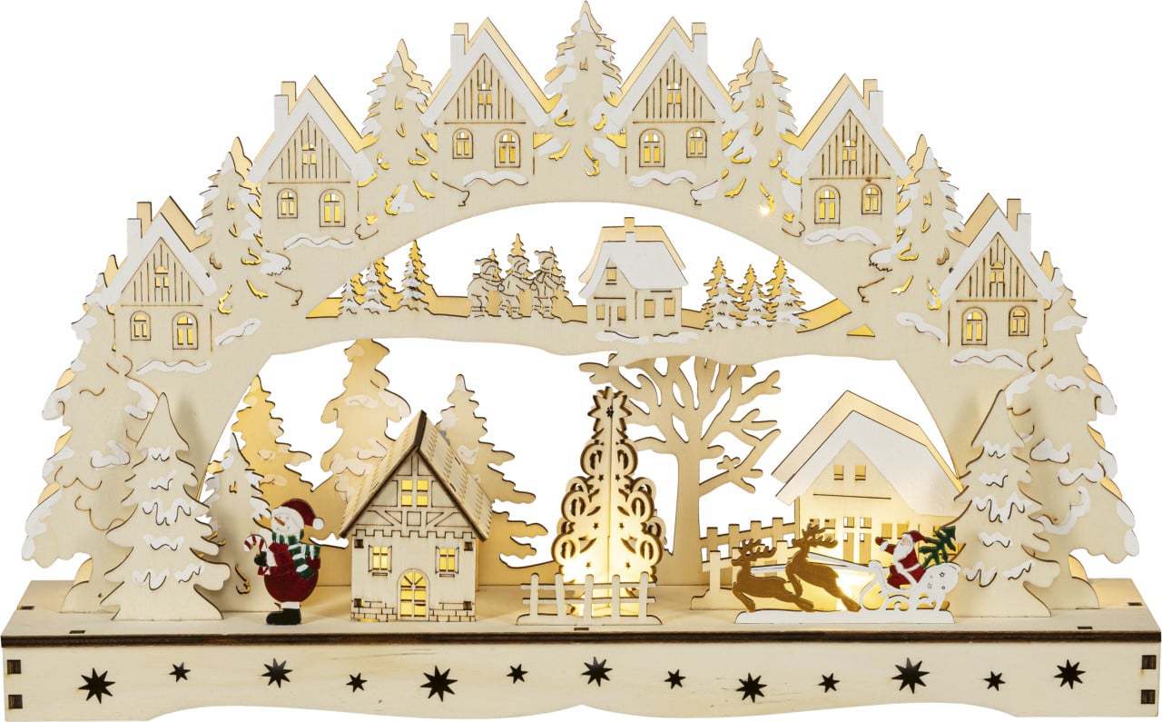 3D-Lichterbogen LED Deko Holz Santa & Schlitten 45 cm warmweiß