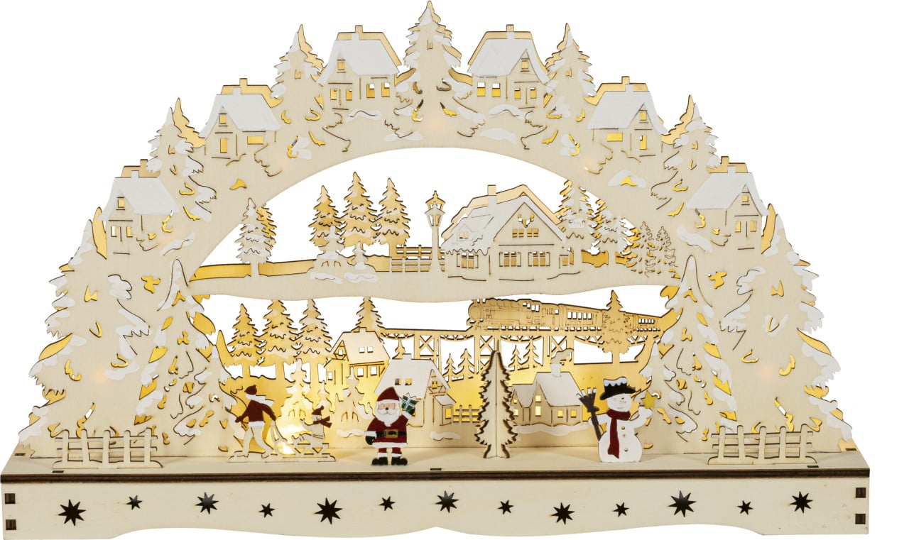 3D-Lichterbogen LED Deko Holz Santa & Schneemann 43 cm warmweiß