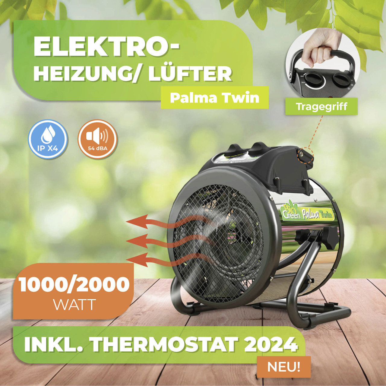 BioGreen Elektroheizung für Gewächshaus Palma Twin Basic silber/schwarz 25 x 30 cm mit manuellem Thermostat 1000/2000 W Bild 2