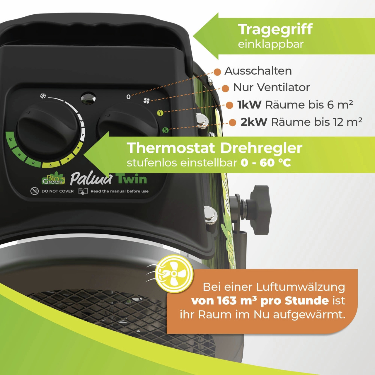 BioGreen Elektroheizung für Gewächshaus Palma Twin Basic silber/schwarz 25 x 30 cm mit manuellem Thermostat 1000/2000 W Bild 3