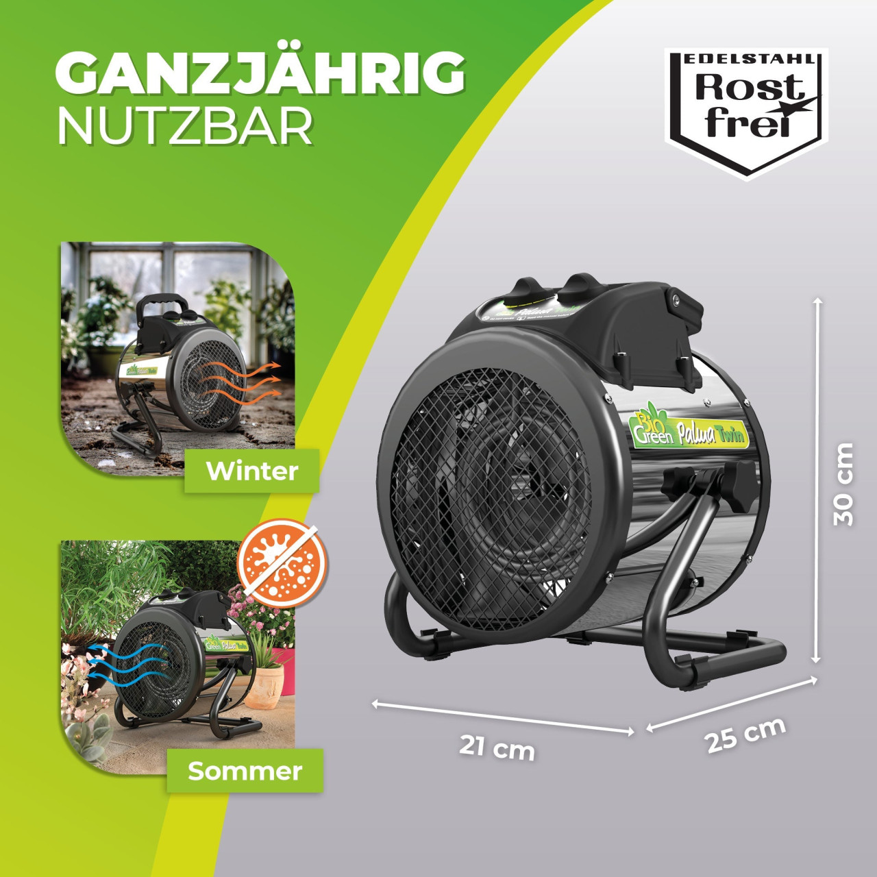 BioGreen Elektroheizung für Gewächshaus Palma Twin Digital silber/schwarz 25 x 30 cm mit digitalem Thermostat 1000/2000 W